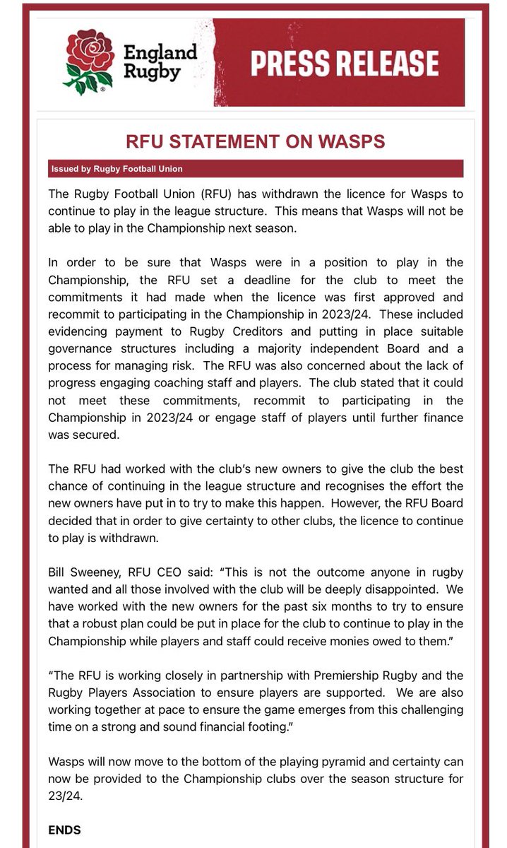 andNickMullins's tweet image. This whole sorry, desperately depressing story has hung a shadow over the entire season - and it just got darker &amp;amp; longer. Wasps barred from the Championship &amp;amp; demoted to the bottom of the pyramid. The biggest kick in the guts for everyone who has continued to live in hope.