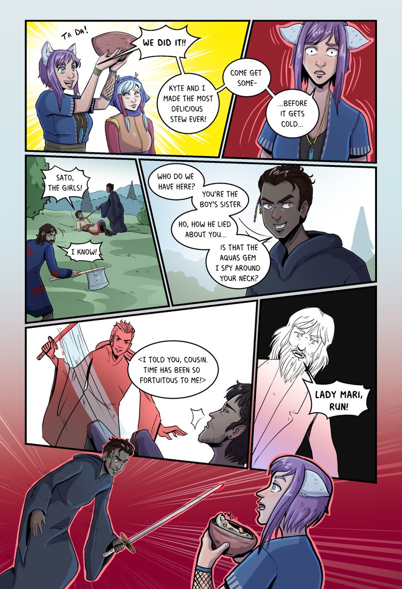 Who wants some delicious stew? Oh, you want some swords with your stew too? I think we can accommodate that.

➡️Moxie updated with page 140

moxiecomic.com

#webcomic #comics #indiecomics