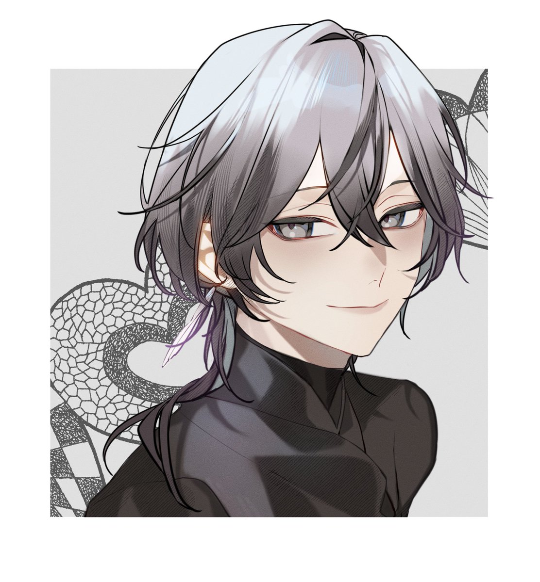 1boy male focus solo grey hair looking at viewer smile grey eyes  illustration images