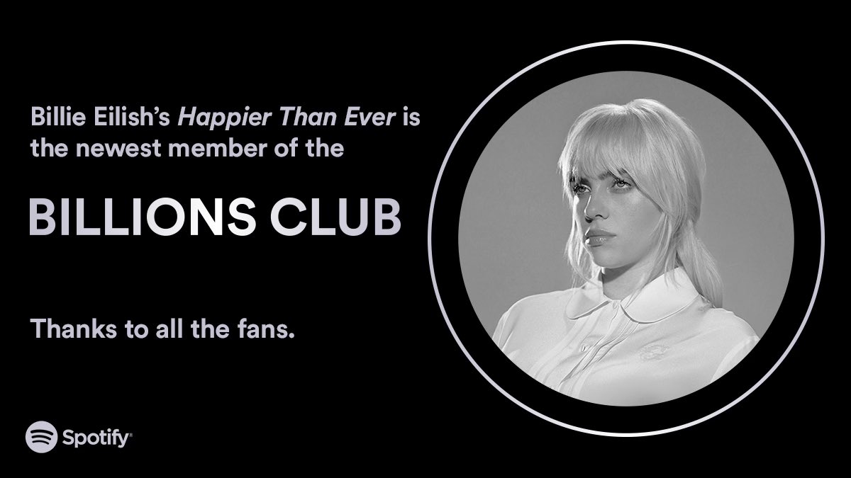 Happier Than Ever, the title track from @billieeilish's sophomore album has become the first track from the album to join the #BillionsClub 🏆 spotify.link/billionsclub