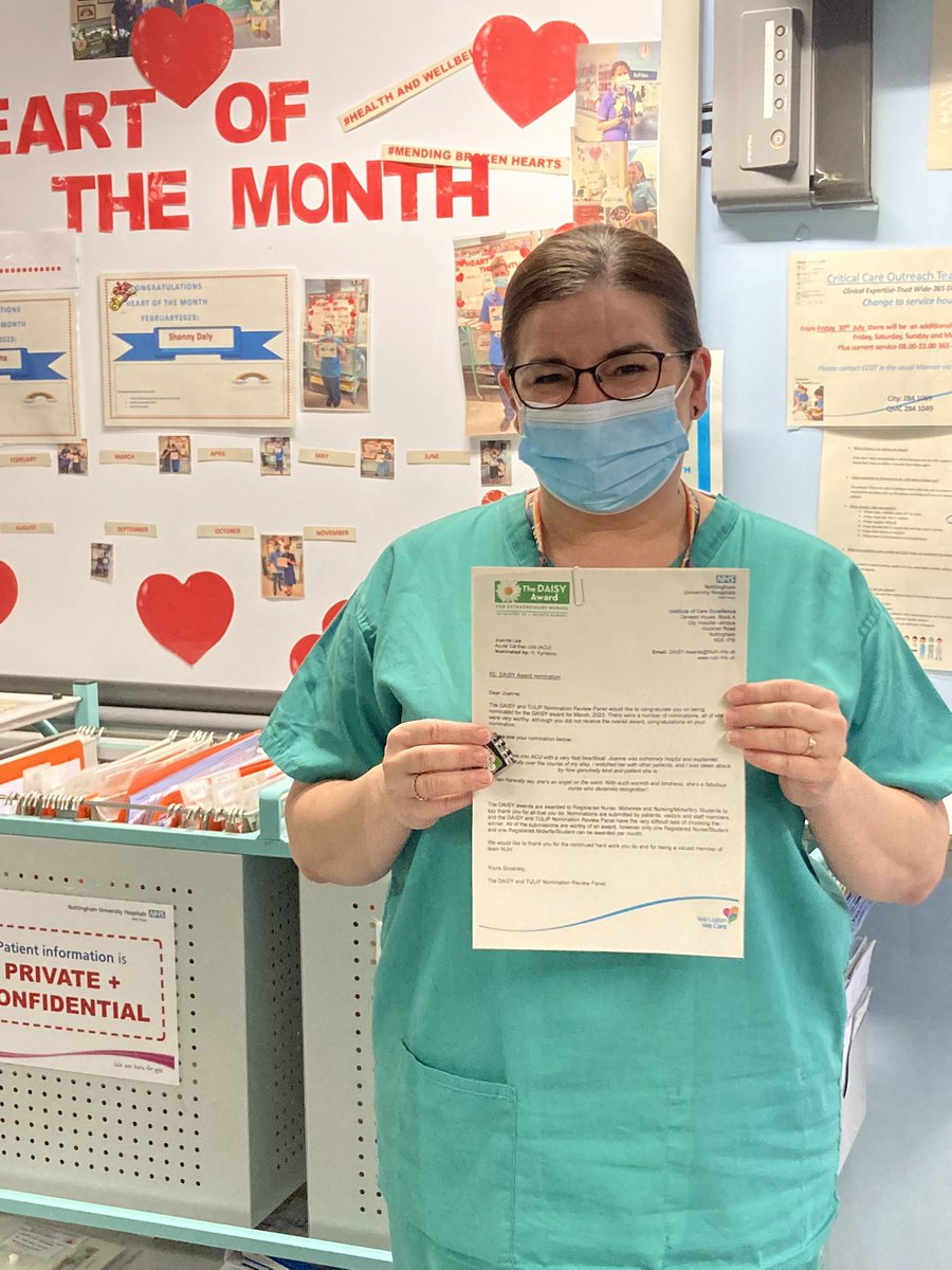 ward1_simone's tweet photo. A massive well done to our fabulous caring Jo on @NUH_ACU. She received her multiple daisy nomination today. 2 lovely write ups from patients ❤️ well deserved @NUHMedicine @DejongeSi  @VictoriaFensome  @TraceyS84158159 @TomWebbB3 https://t.co/wt1qA0ip5o