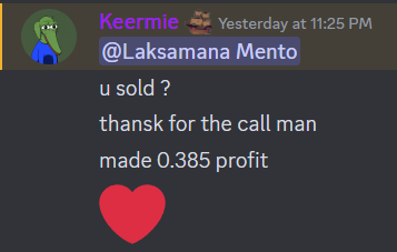 0xmemento_'s tweet photo. I always shared alpha in @sangsakanft discord. Sometimes it's nothing, sometimes it's a gem. 

Is it considered a utility, helping the Saka community make money? 🤔

Big W on $wewe https://t.co/yh8sK59fnZ
