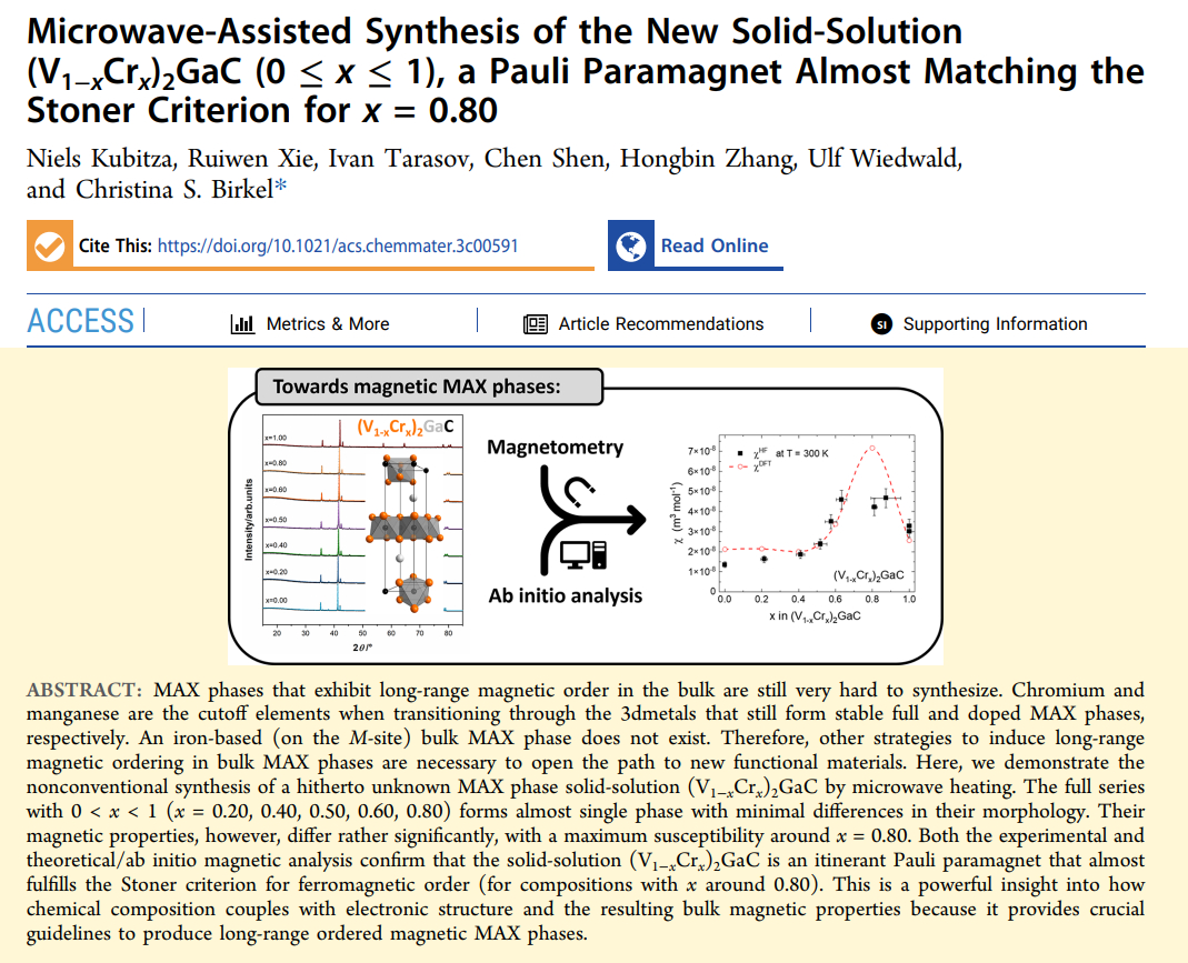 Christina Birkel (@birkelchristina) on Twitter photo New paper alert!
We are still hunting FM bulk #MAXPhases @asu_sms <a href="/TUDarmstadt/">TU Darmstadt</a>.
In this <a href="/ChemMater/">Chemistry of Materials</a> article, we show how we almost get there by chemical composition engineering in the new solid-solution (V1–xCrx)2GaC. Another great @trr270 collaboration!
pubs.acs.org/doi/10.1021/ac… New paper alert!
We are still hunting FM bulk #MAXPhases @asu_sms <a href="/TUDarmstadt/">TU Darmstadt</a>.
In this <a href="/ChemMater/">Chemistry of Materials</a> article, we show how we almost get there by chemical composition engineering in the new solid-solution (V1–xCrx)2GaC. Another great @trr270 collaboration!
pubs.acs.org/doi/10.1021/ac…