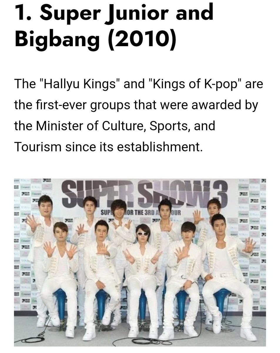 sjmelody99's tweet photo. Did you know that #SUPERJUNIOR was one of the two very first Kpop groups to be awarded   by the Minister of culture, sports and tourism in 2010 since it's establishment  (together with BigBang )💙 https://t.co/3JPqXcdGsp