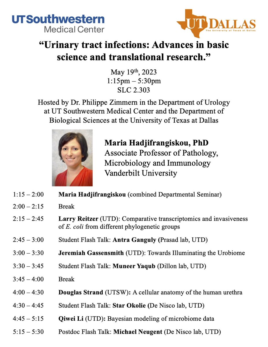 Please join us tomorrow for the "Urinary tract infections: Advances in basic science and translational research" symposium from 1:15 pm - 5:30 pm in SLC 2.303. See the flyer below for event details.
<a href="/UTD_Biology/">UT Dallas Biology</a> #bgsc_utd
