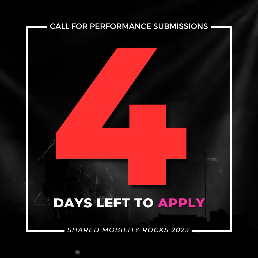Just 4 days remain for you to submit your performance submission for #SharedMobilityRocks 2023! 🎤 If you would like to 'rock-out' at one of our #sharedmobility #jamsessions, make sure you submit your application before May 22nd. 🤘 #SMR2023

Apply here: docs.google.com/forms/d/e/1FAI…