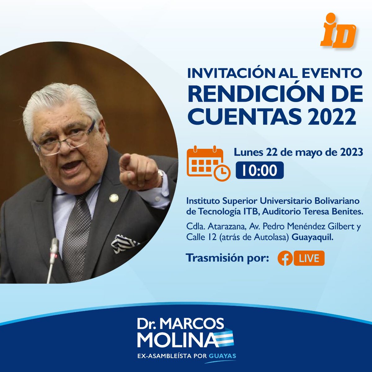¡Mi compromiso con el Ecuador es inquebrantable! 🇪🇨
Aunque el escenario haya cambiado, es mi responsabilidad informar a todos y todas sobre las actividades desarrolladas durante el 2022. 
¡Los espero en mi Rendición de Cuentas!

🗓️ Lunes 22 de mayo 
⏰ 10:00 
📌 Instituto