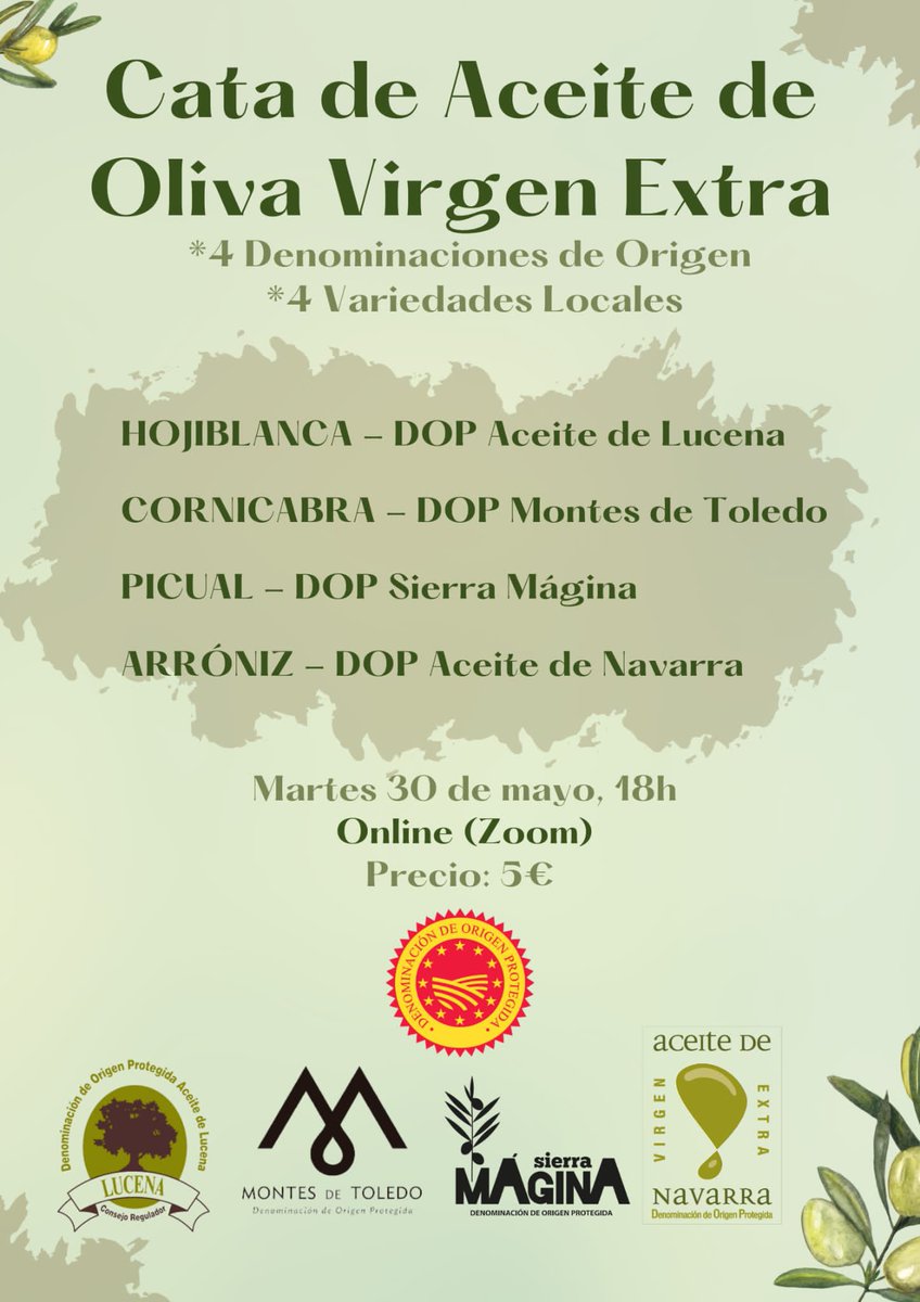 Si os gusta el mundo del #aove os proponemos esta cata virtual con
4️⃣ #aoves
4️⃣ #variedades
4️⃣ #denominacionesdeorigen 
Navarra, Toledo, Lucena y Sierra Mágina 
Podéis apuntaros en el formulario y recibiréis un kit para la cata que haremos el día 30 
bit.ly/3o8vY2i