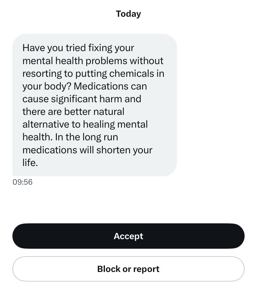 This #MHAW I want to call out how common it is for those who talk candidly about mental health on SoMe (eg me) to receive harmful messages like this

Meds keep me safe, functional, psychosis-free, & out of hospital

Mental health meds save lives
