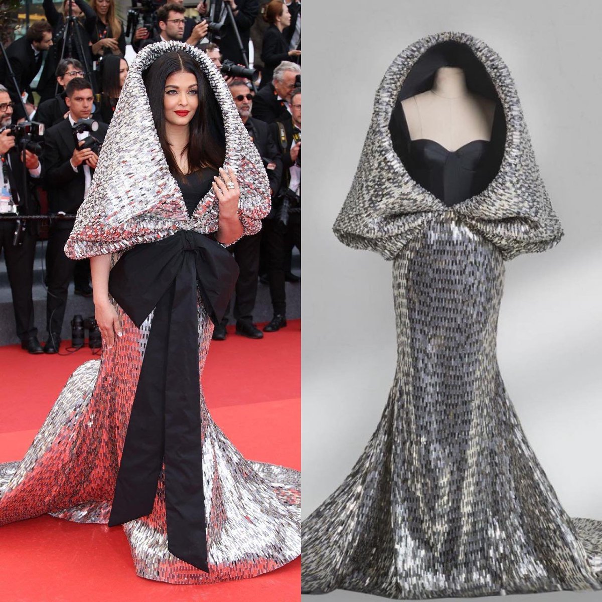 ARBFrames's tweet photo. Looks like she added that bow near her stomach to hide her belly fat... but it looks ugly. Original gown looks much better. #AishwaryaRaiBachchan𓃵 https://t.co/2WO8dWjVz0