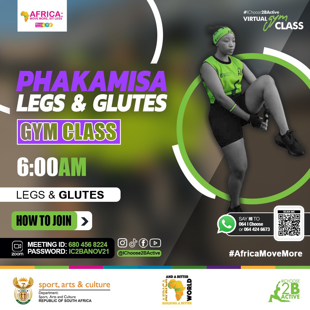 Ichoose2BActive's tweet photo. Struggling with the #LungesChallenge
Then join us on 
📍 Zoom,Facebook, Instagram &amp; TikTok 
Friday #PhakamisaLegs &amp; #Glutes Gym Class at 06:00am with @LusandaMagcala 

…Who doesn’t want to walk away with an @IChoose2BActive Hoodie 🎁

#IChoose2BActive
#MoveForHealthMonth https://t.co/TzagcwkGoI