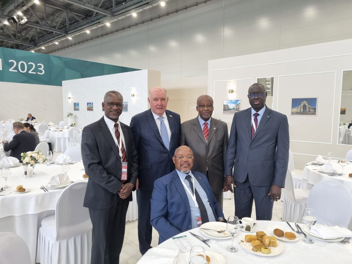 Embmoscow1's tweet photo. At Kazan Summit 2023: Standing from left to right: Kenya, Senator Karasin (Chairman, International Affairs Committee of Duma), South Africa &amp; Senegal. Seated - Mozambique https://t.co/MOH54cbpYC
