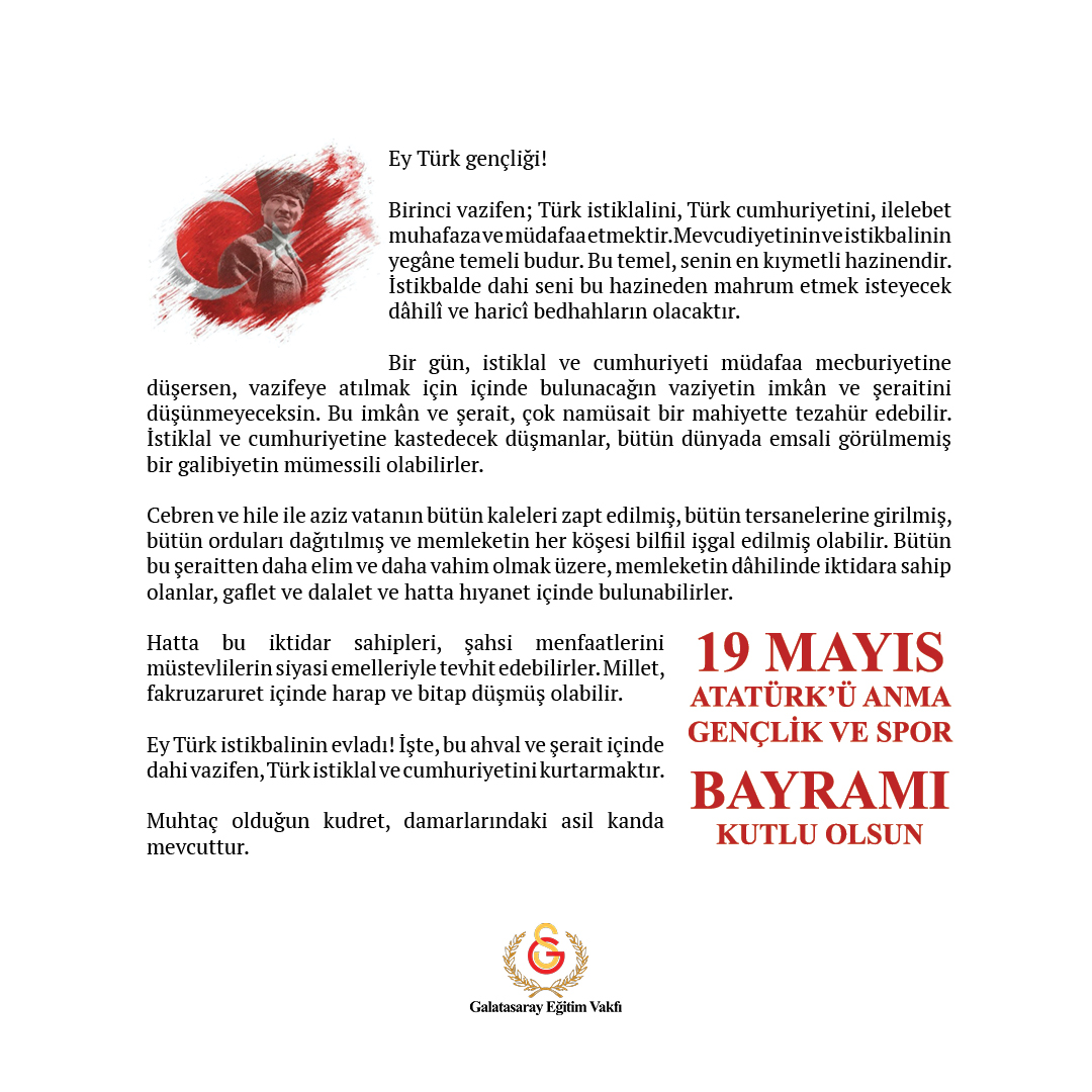 19 Mayıs Atatürk’ü Anma, Gençlik ve Spor Bayramı kutlu olsun.
#19Mayıs #AtatürküAnmaGençlikveSporBayramı
