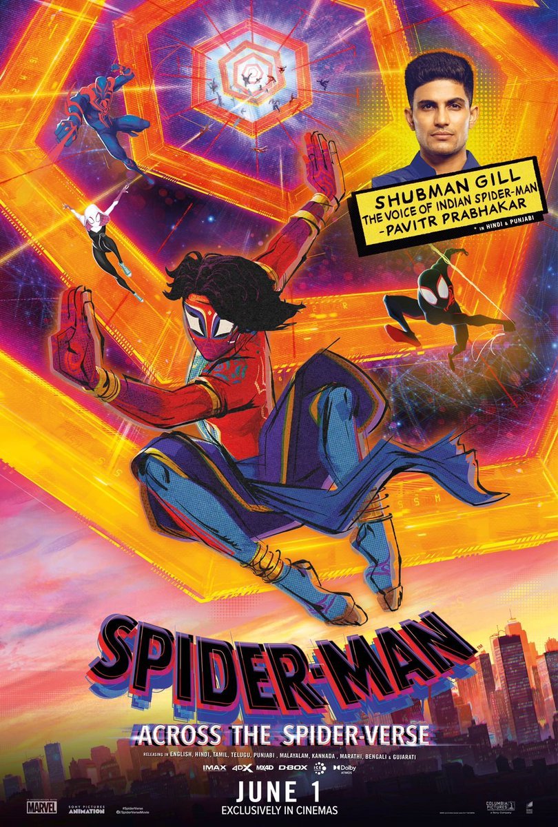 #SpidermanAcrossTheSpiderVerse
Releases in India on June 1st 2023, 1 day prior to its release in USA!
In English & 9 other Languages. #SpiderManTrailer - unveiled by ⭐ opener #ShubmanGill, the voice of Indian Spiderman - #PavitrPrabhakar
#SonyPicturesEntertainment