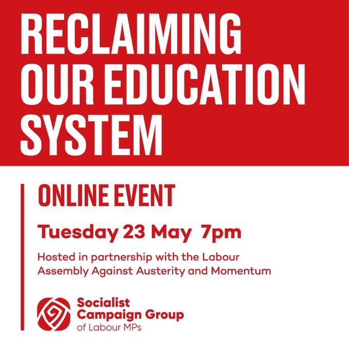📢 FIGHT TORY EDUCATION CUTS 

A decade of Tory cuts has left our education system in crisis. 

Primary class sizes are the highest in Europe!

Join our discussion on fighting for an alternative to cuts and marketisation.

🗓️Tuesday 23 May, 7pm

✍️Register bit.ly/ReclaimingEduc…