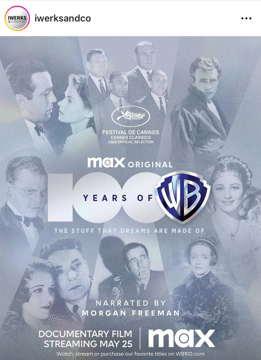 Another exceptional series from <a href="/iwerksandco/">Iwerks & Co.</a> 100 YEARS OF WARNER Bros.

4x Max Original documentary specials narrated by Morgan Freeman and directed by Leslie Iwerks—debuts 5/25 &amp; 6/1 in celebration of the studio’s 100th anniversary 🎞️ view trailer here:

instagram.com/reel/CsZC80Urm…