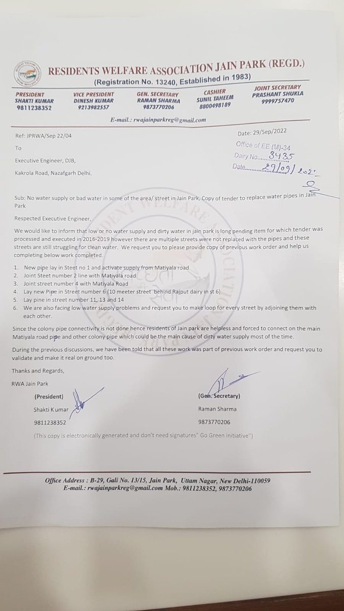 RwaJain's tweet photo. @DelhiJalBoard @SwayamSevakDal @ashishk0343 @Ceo_djb @GulabMatiala @AamAadmiParty @ArvindKejriwal No Action and people of Jain park colony are facing dirty water, jal board sending bills for dirty water supply. https://t.co/Q8jTUTzbV2