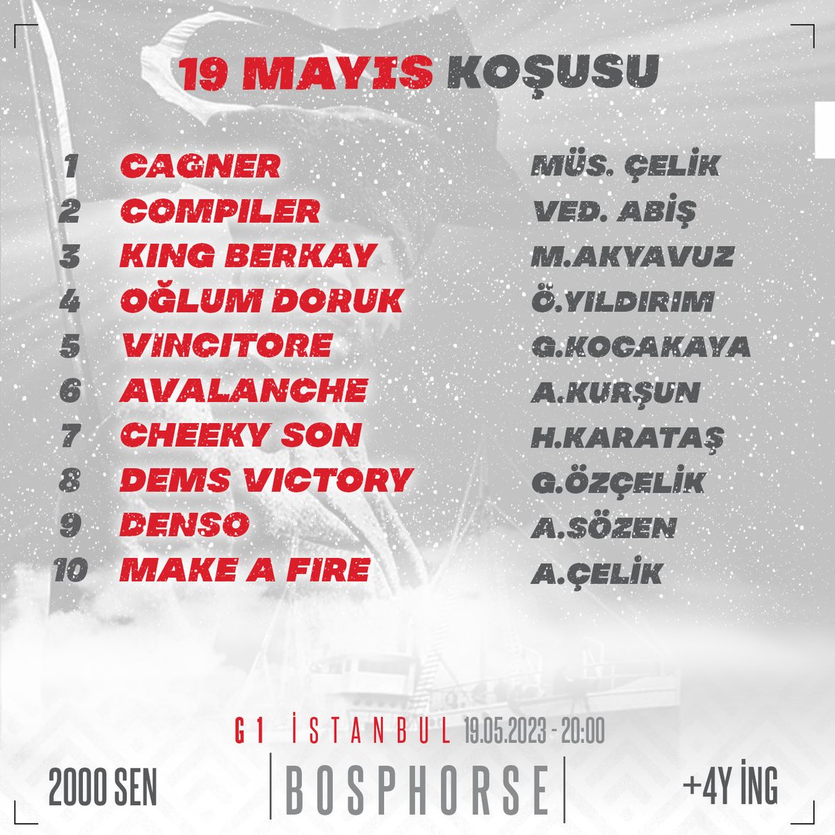 Yarın bu saatlerde koşulacak Gr1 19 Mayıs Koşusu'na 10 safkan katılacak.

Sizin favori atınız hangisi 👇