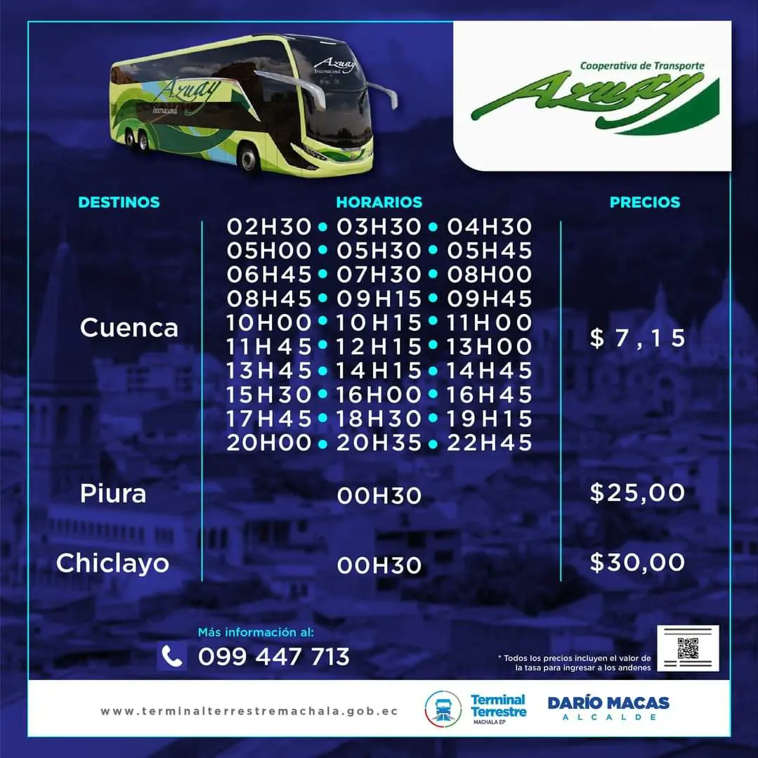 COOPERATIVA DE TRANSPORTE AZUAY EN EL TERMINAL TERRESTRE DE MACHALA 🚌

Conoce los destinos, horarios y precios de pasajes.

#TerminalTerrestredeMachala
#Azuay
