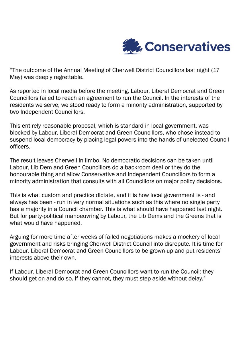 @NorthOxonCons' statement on last night's events @Cherwellcouncil. #Conservative Cllrs stand ready with Independent colleagues to restore democratic control. Labour, Lib Dem & Green Cllrs remain free to form a coalition. We work for residents. Time to let us get on with it.