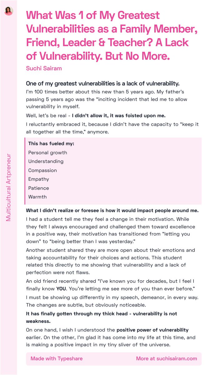 What Was 1 of My Greatest Vulnerabilities as a Family Member, Friend, Leader &amp; Teacher? A Lack of Vulnerability. But No More.

#SuchiWrites #ship30for30 #ship30 #reflection #vulnerability