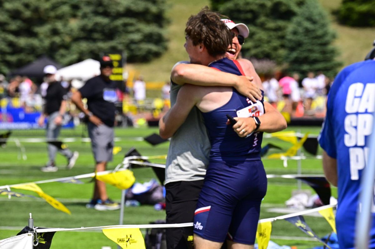 Dylan Headrick <a href="/MSPatriotsTrack/">Millard South Track</a> wins Class A pole vault, clearing 14-06.  He’s happy.