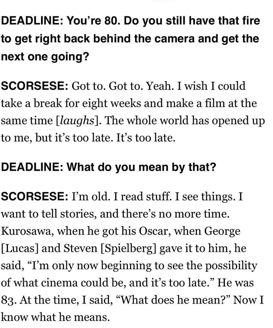 FCardamenis's tweet photo. This is honestly most optimistic thing I’ve read in years. So many people have given up on life and in finding new things in it by that age and Scorsese is still learning, still motivated, still has more to say, finds it so exhilarating and worthwhile. We should all be so lucky. https://t.co/HVKIxevBmE