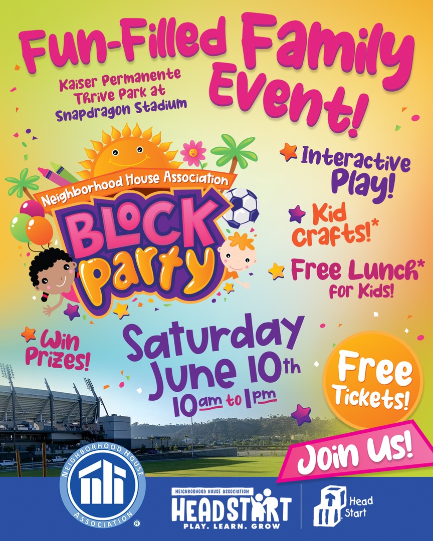 <a href="/NHA_SD/">Neighborhood House</a> is throwing a FREE block party on June 10 at Thrive Park at Snapdragon Stadium from 10 a.m. to 1 p.m. Join in on the fun with interactive booths, family resources, characters, prizes, and more. Free lunch for kids while supplies last. Register at NHABlockParty2023.eventbrite.com