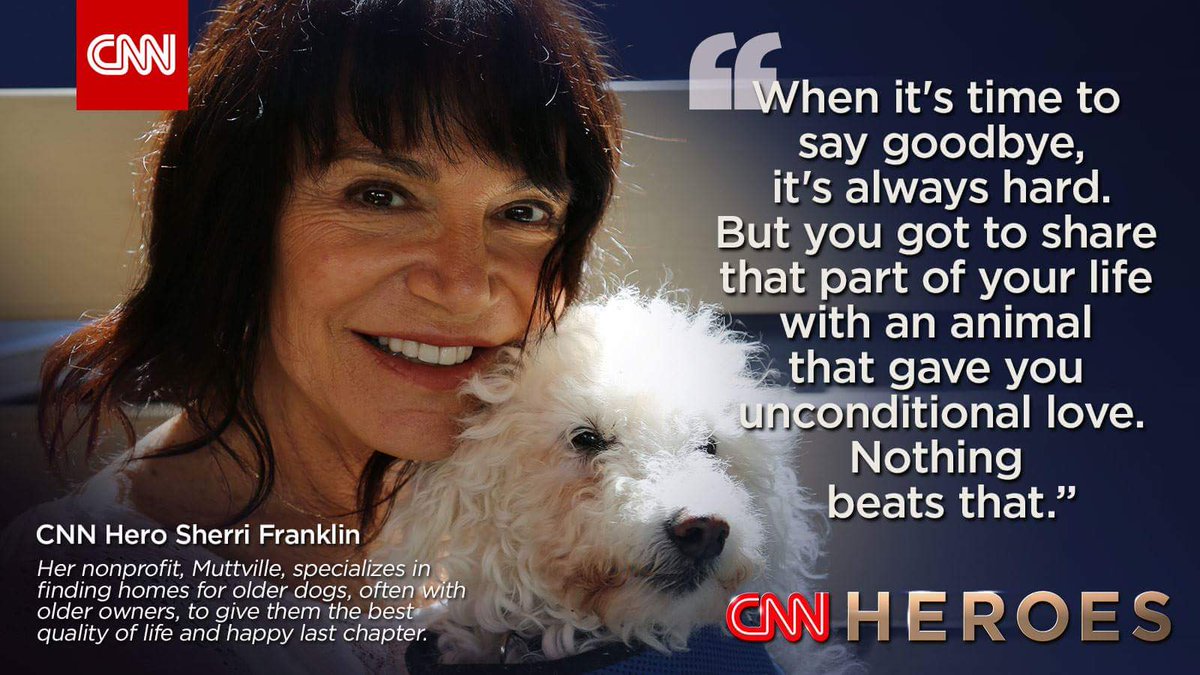 #ThrowbackThursday to when Sherri Franklin, Muttville's Founder, was honored by being chosen as a Top 10 Hero by @CNNHeroes! Coming up to 11K #seniordogs #rescued soon, we #salute Sherri! 
Please watch! cnn.it/44vg4PF