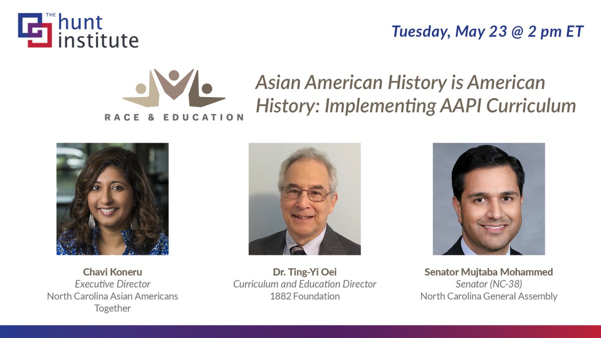 On 5/23, we will host @ChaviKoneru from <a href="/ncaatogether/">NCAAT</a> Dr. Ting-Yi Oei from <a href="/1882_foundation/">1882 Foundation</a> and <a href="/MMohammedNC/">Sen. Mujtaba Mohammed</a> for a #RaceAndEducation webinar focused on implementing AAPI curriculum #AAPIHeritageMonth 

Register here to attend: ow.ly/KjVV50NJy8Q