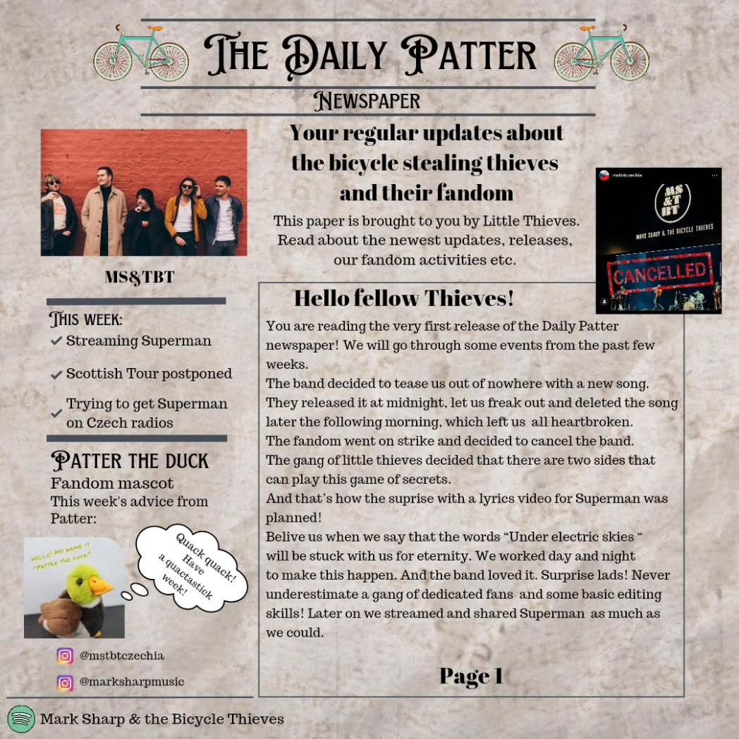 mstbtczechia's tweet photo. We introduce you our regular newspaper The Daily Patter. Catch up with latest news and events that happened in oor wee thieves fandom!
#marksharpandthebicyclethieves #weethieves #dailypatter https://t.co/03VUFiGtzd