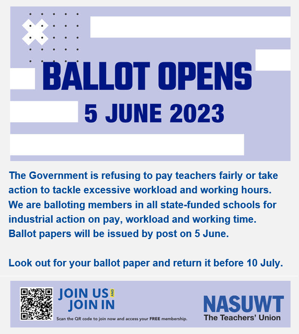 The #Government is refusing to pay #teachers fairly or take action to tackle excessive workload and working hours. We are balloting members in all state-funded #schools for industrial action on pay, workload and working time. #Ballot papers will be issued by post on 5 June.