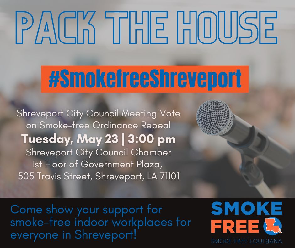 AHALouisiana's tweet photo. On Tuesday, May 23, 2023, the Shreveport City Council is voting on an ordinance that will once again allow smoking in casinos. If this happens, Shreveport will be the first city in the U.S. to EVER repeal a smoke-free policy. #SmokeFreeShreveport https://t.co/0LOluvhStv