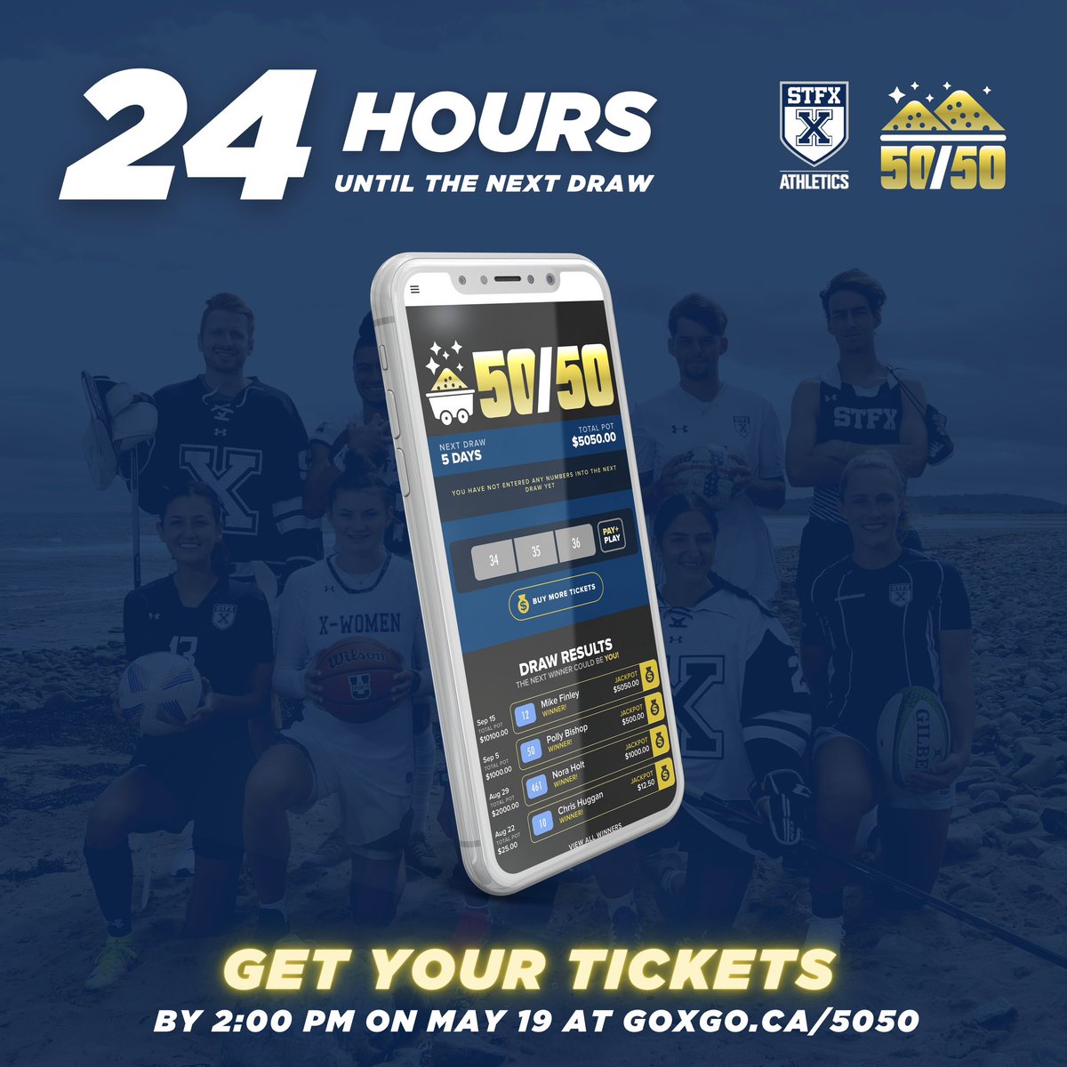 StFXAthletics's tweet image. This might your lucky week!

We’re one day away from the next 50/50 draw — sign up &amp;amp; play at goxgo.ca/5050 for a chance to win! #goxgo