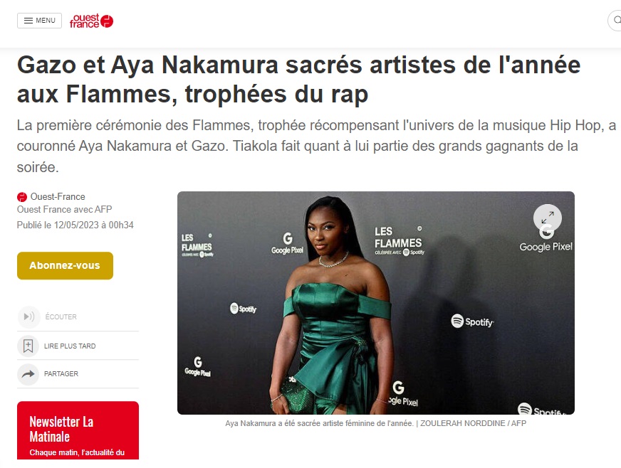 Le 12 mai, @OuestFrance a publié un article sur les Flammes, la cérémonie des “cultures populaires”. Pour illustrer l’article, l'influenceuse FatouGuinea est choisie. Problème : le média la confond avec @AyaNakamuraa. Une confusion systémique aux fondements racistes. Décryptage🔽