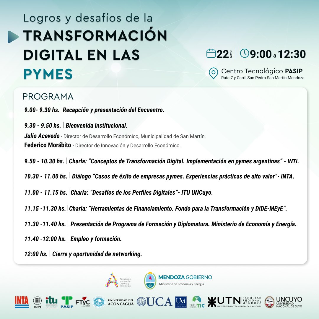 agencia_mza's tweet photo. La @agencia_mza , junto a @EconomiaMza organiza el Encuentro de Vinculación y charla de herramientas tecnológicas | Región ESTE | junto con la @MuniSanMartinOk, @FTyC_Mza, y las instituciones de la MESA Industria40 #Mendoza
Los esperamos en el #PASIP https://t.co/pWWEZcbUa3 https://t.co/pJOzWJPKl9