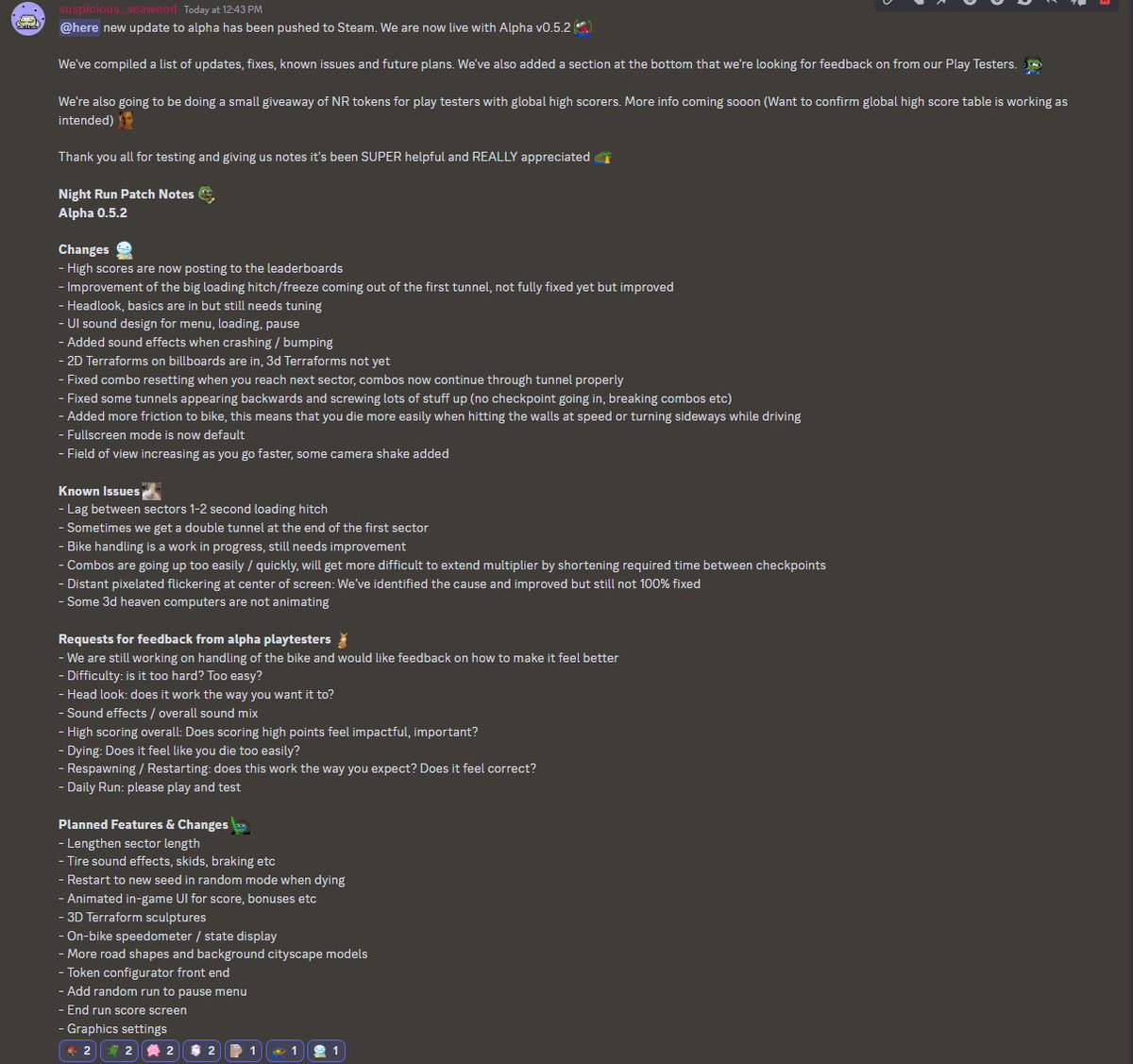 matto__matto's tweet image. Chunky new patch notes for @night_runnn alpha 2 just dropped in Discord. 

The update will auto download from Steam if you downloaded alpha 1.

If you're an NR holder and haven't gotten a steam key to test, hit us up in Discord!