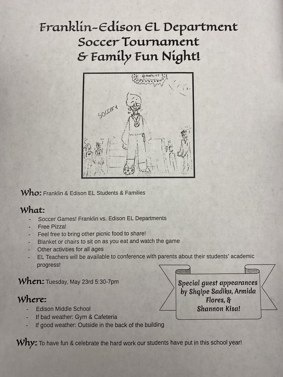 Please join our EL Department for an amazing Soccer Tournament Event on Tuesday, May 23rd from 5:30-7pm. #weareedison #somosedison