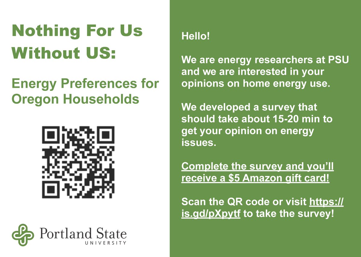 Share your thoughts on energy preferences with Portland State University and receive a $5 Amazon gift card!