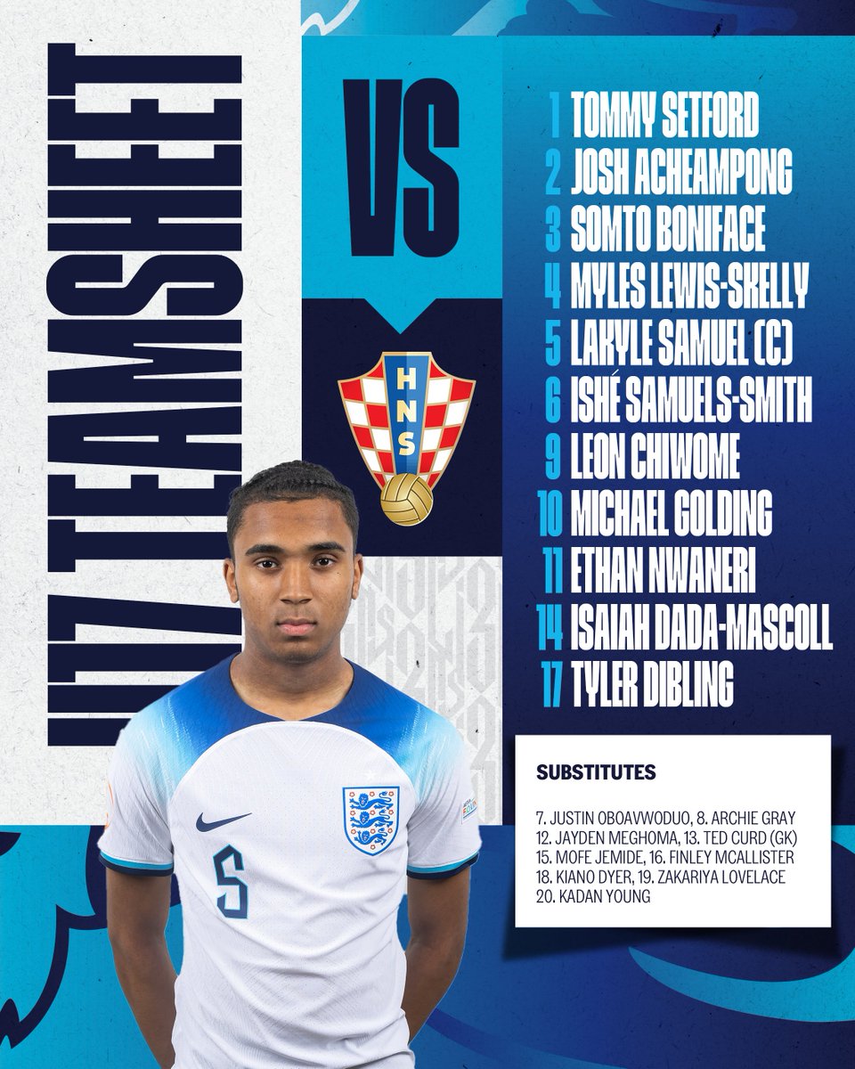 Here's how our #YoungLions line up for their opening #U17EURO group game against Croatia.

Kick-off is at 7pm BST and you can watch the match live on @BBCiPlayer.