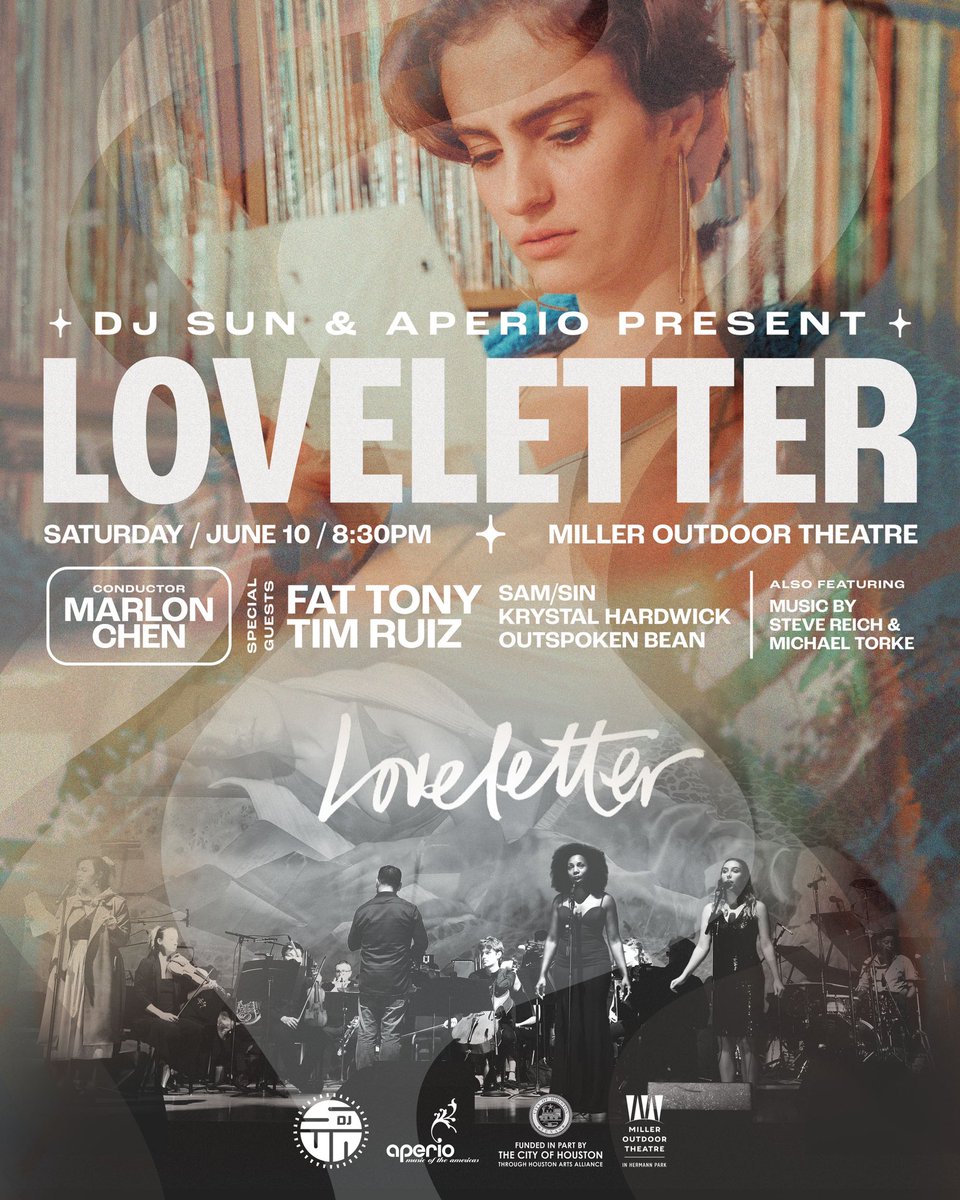 Loveletter X Aperio: orchestral perf partnering w @aperioamericas Jun 10 @milleroutdoor 8:30
Free tix avail Jun 9 for assigned seating. 200 physical tickets avail Jun 1 <a href="/theflathouston/">The Flat</a> 6pm feat gst DJs  in support of @djchickengeorge’s battle w skin cancer. #djsunsloveletter