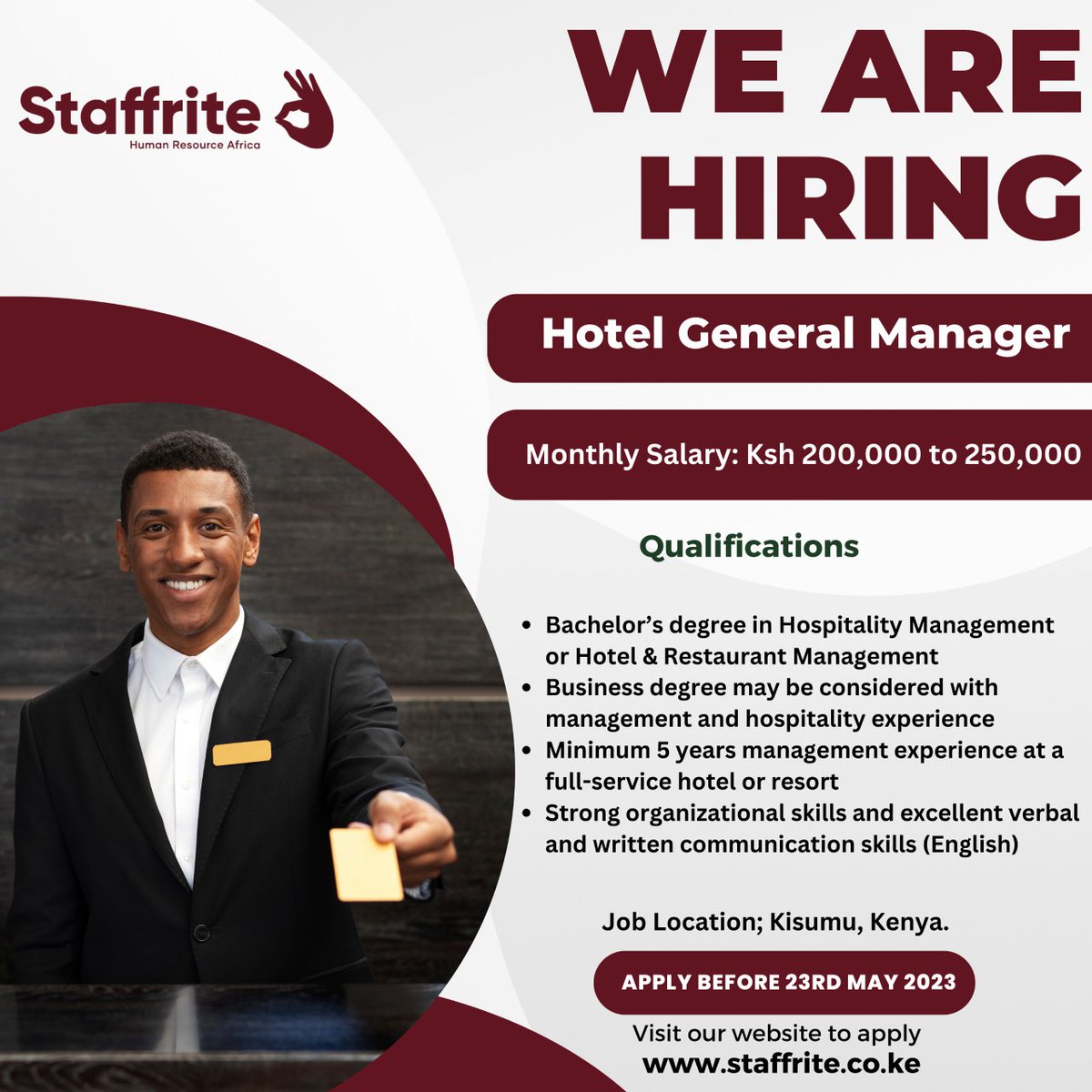 staffritehr's tweet photo. Our client is a leading 5-star hotel located in Kisumu .They seek to hire a seasoned and highly intelligent General Manager with experience in sales and marketing who will be responsible for all aspects of operations of the hotel to include day-to-day... https://t.co/UCJmQKCZCS https://t.co/JmrOppfPkH
