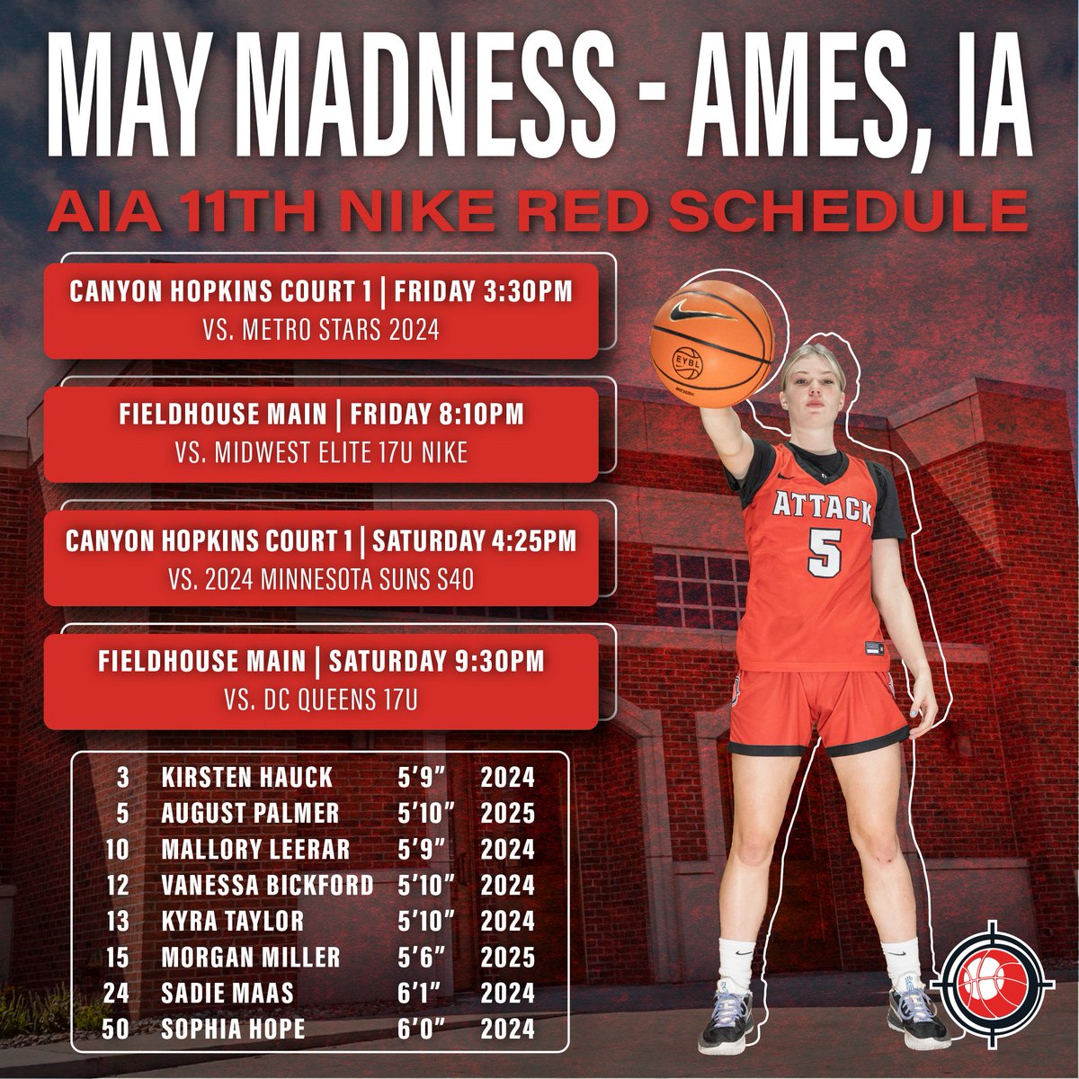 𝐀𝐋𝐋 𝐈𝐎𝐖𝐀 𝐀𝐓𝐓𝐀𝐂𝐊 - 𝐌𝐀𝐘 𝐋𝐈𝐕𝐄
EYBL Session 2 &amp; May Madness
🗓️ May 19 - 21
📍 Ames, IA 

#2023EYBL | #AttackFamily