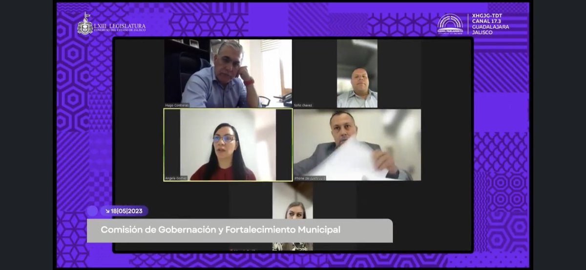 LegislativoJal: Sesión telemática de la Comisión de Gobernación y Fortalecimiento Municipal, que preside la Diputada <a href="/angigomezponce/">Angela Gómez</a> a través del <a href="/CongresoJalTV/">CanalParlamentoDeJalisco</a> (17.3 TV abierta) y redes sociales de Facebook y Twitter.