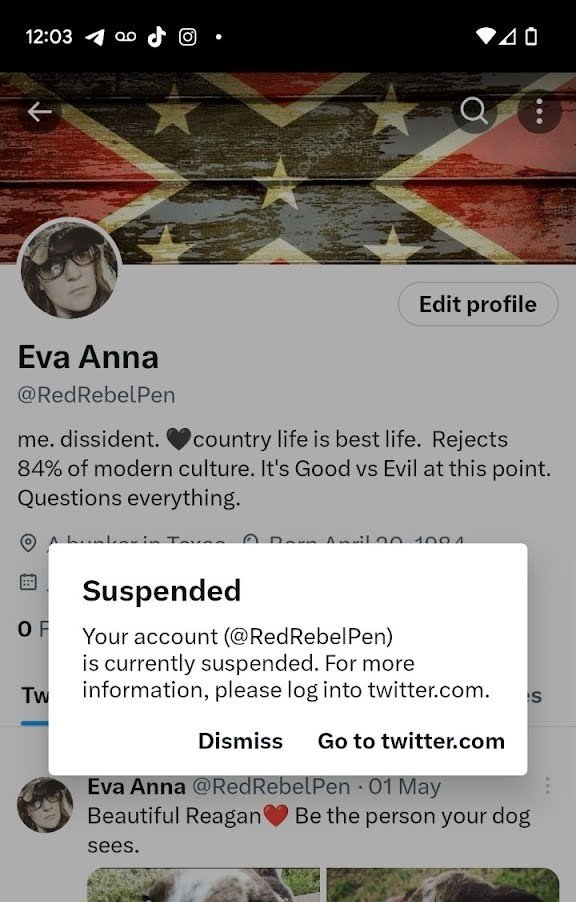 _tard_wrangler's tweet photo. How does one get suspended for ban evasion when they just won an appeal for ban evasion? @elonmusk  
#StopMassReporters #TargetedHarassmentIsAbuse 
All political views should be allowed. https://t.co/U9ZSWGRMhU