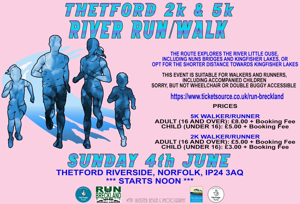 Join us on our 4 June Thetford River 2K/5K Walk/Run. The Little Ouse is a beautiful place to explore. There’ll also be medals, free hot/cold drinks and a sandwich lunch for all participants courtesy of @TheBrecksLP  
ticketsource.co.uk/run-breckland 
@BreckCouncil @ThetfordCouncil #5K #2K