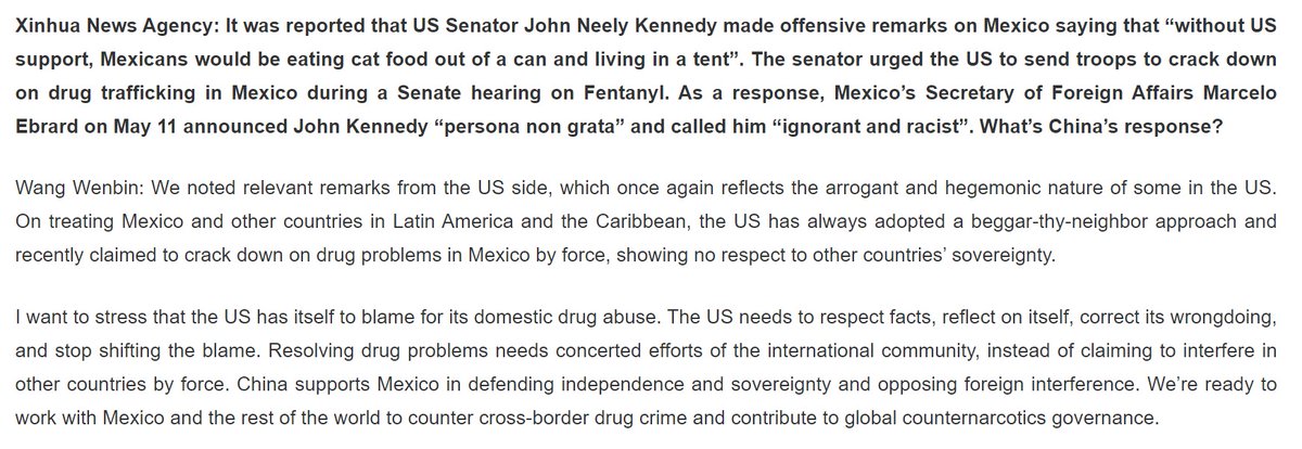 BenjaminNorton's tweet photo. China condemned the racist attacks on Mexico by Republican US Congress members:

"China supports Mexico in defending independence and sovereignty".

Beijing said the US "shows no respect to other countries’ sovereignty".

"The US has itself to blame for its domestic drug abuse". https://t.co/dvAjxwx2Vu