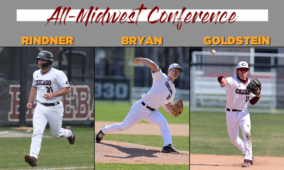 UChicago baseball's Drew Bryan, Erik Rindner and Jack Goldstein were selected to 2023 First Team All-Midwest Conference. Bryan was also voted the MWC Pitcher of the Year. #MaroonMade <a href="/UofCbaseball/">UofCbaseball</a> 
athletics.uchicago.edu/sports/bsb/202…