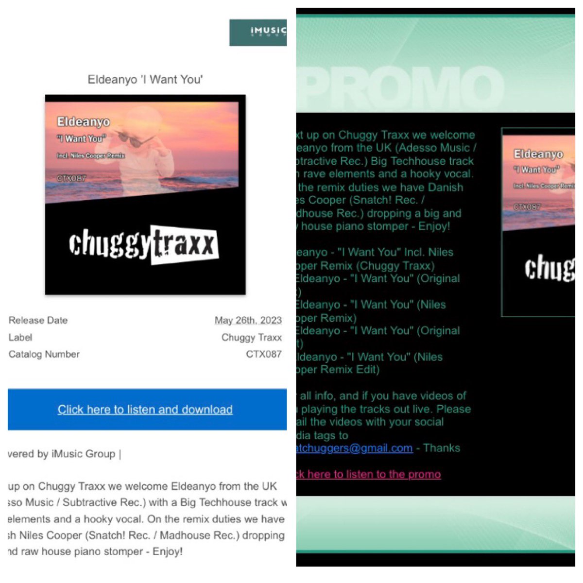 ChuggyTraxx's tweet photo. Check your promo inbox!! Big Tunes alert💥
Just send out our next one by Eldeanyo “I Want You” Incl. Niles Cooper Remix🔥💣
Amazing early feedback - Coming soon on Chuggy Traxx 🙌👌
#PromoInbox #Promo #Djlife #iMusicGroup #Fatdrop #Inflyte #DJ #ComingSoon #Banger #CheckItOut https://t.co/BDryv4mABO