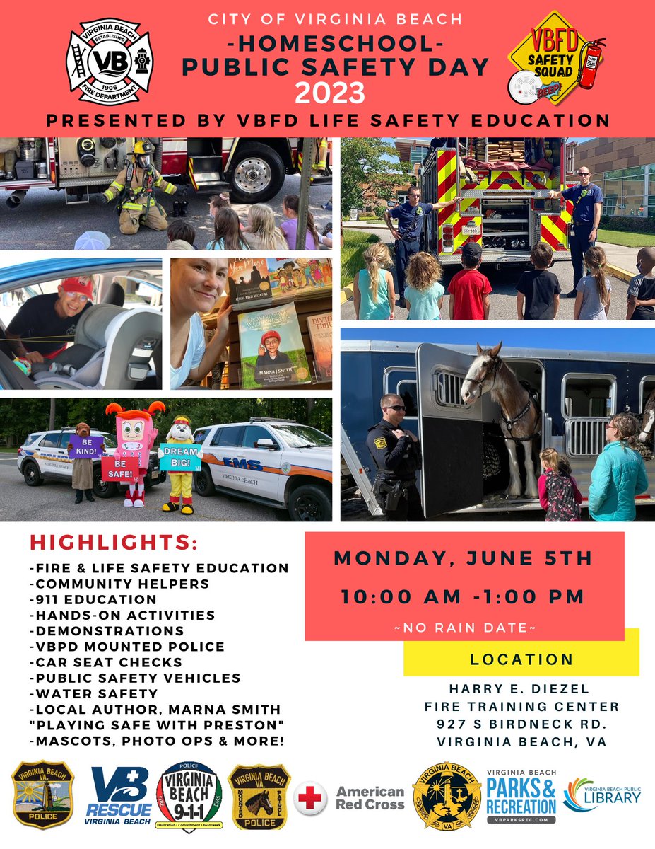 VirginiaBeachFD's tweet photo. It's almost time for VBFD’s Life Safety Education Team's “Homeschool Public Safety Day” for elementary-aged homeschool students. Join us & our #publicsafety partners for a fun-filled outdoor event, June 5, 10 a.m. - 1 p.m.
#CRR #carseatcheck #homeschool #prevention #education https://t.co/WJItgusPOd